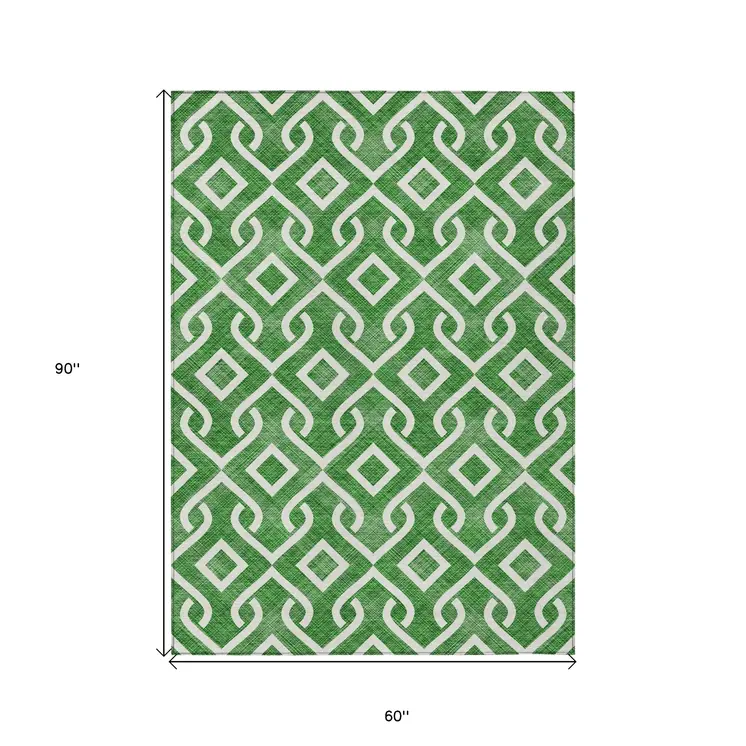 5' X 8' Emerald And Ivory Geometric Washable Indoor Outdoor Area Rug