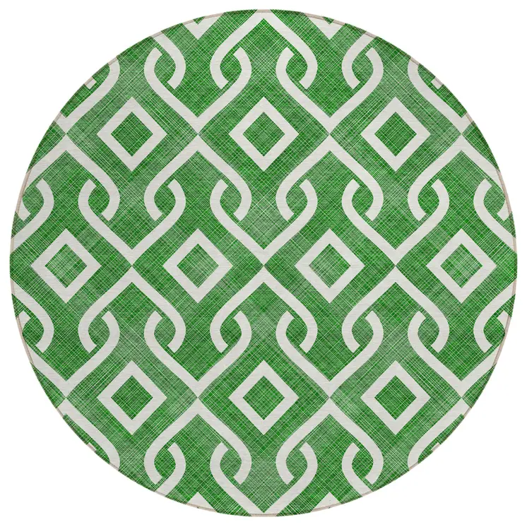 8' Emerald And Ivory Round Geometric Washable Indoor Outdoor Area Rug