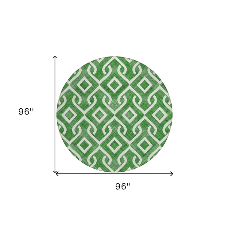 8' Emerald And Ivory Round Geometric Washable Indoor Outdoor Area Rug