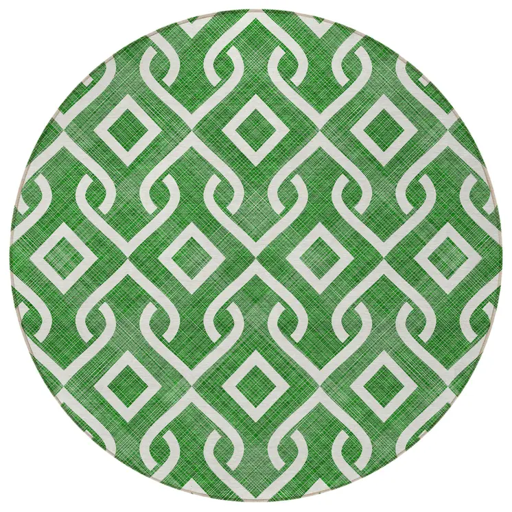 8' Emerald And Ivory Round Geometric Washable Indoor Outdoor Area Rug