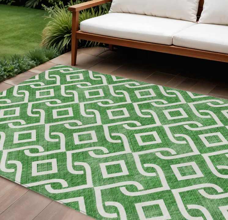 8' X 10' Emerald And Ivory Geometric Washable Indoor Outdoor Area Rug