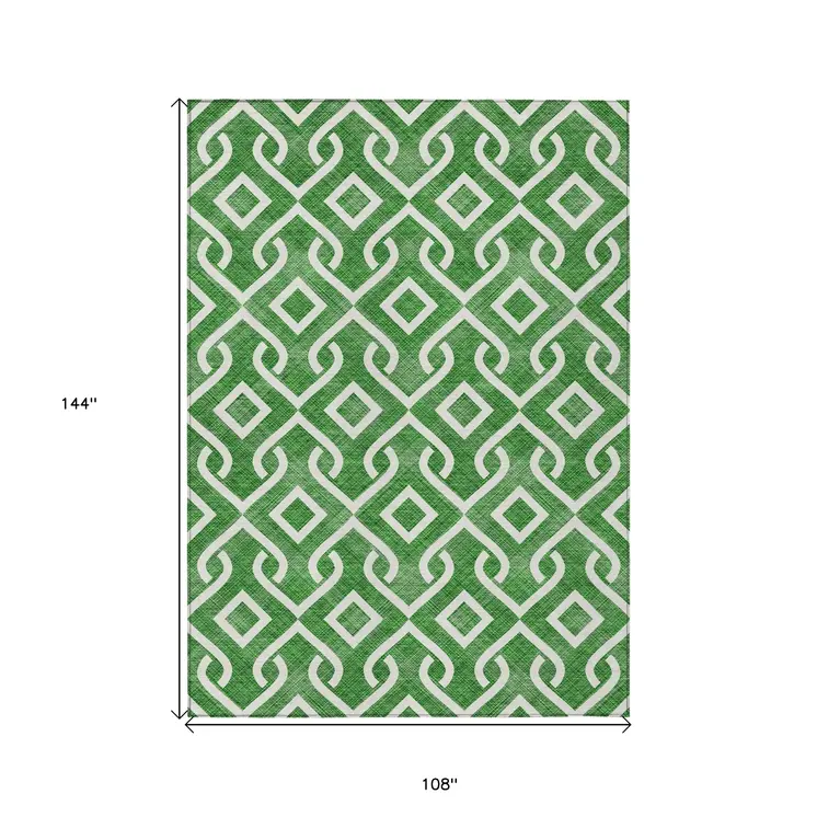 9' X 12' Emerald And Ivory Geometric Washable Indoor Outdoor Area Rug