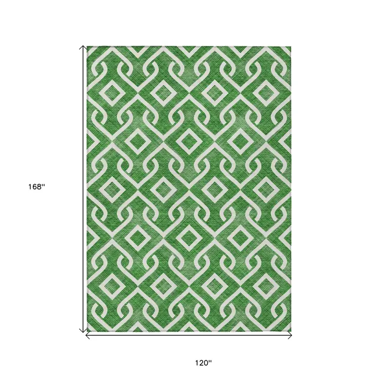 10' X 14' Emerald And Ivory Geometric Washable Indoor Outdoor Area Rug
