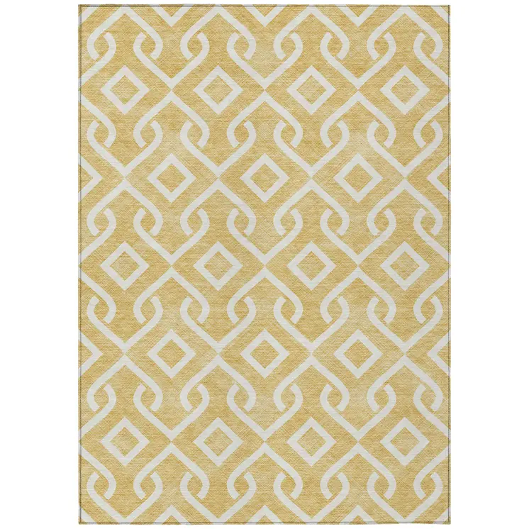 3' X 5' Gold And Ivory Geometric Washable Indoor Outdoor Area Rug