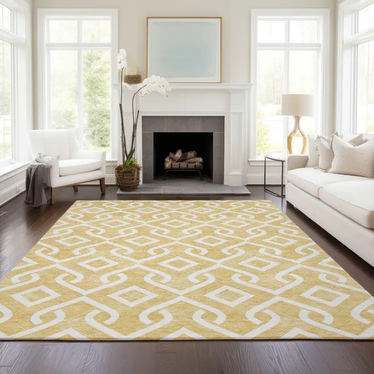3' X 5' Gold And Ivory Geometric Washable Indoor Outdoor Area Rug