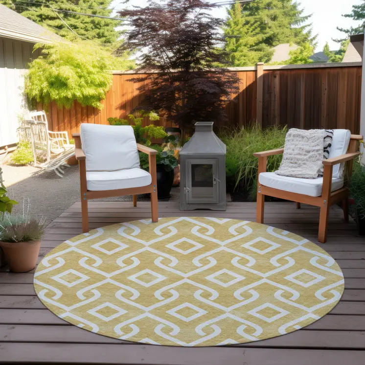 8' Gold And Ivory Round Geometric Washable Indoor Outdoor Area Rug
