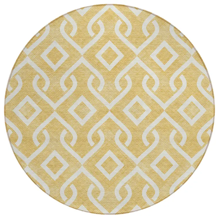 8' Gold And Ivory Round Geometric Washable Indoor Outdoor Area Rug