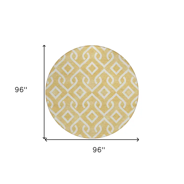8' Gold And Ivory Round Geometric Washable Indoor Outdoor Area Rug