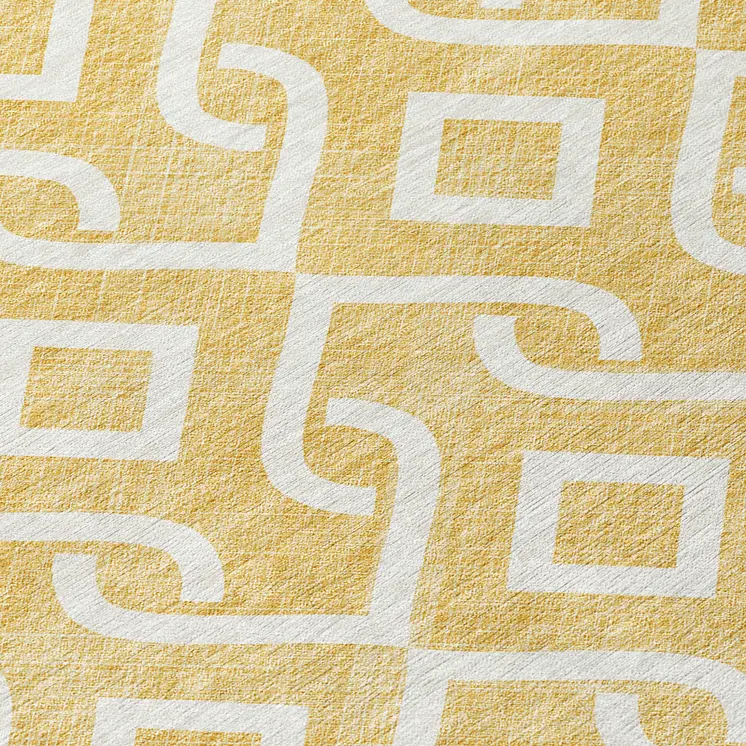 8' Gold And Ivory Round Geometric Washable Indoor Outdoor Area Rug