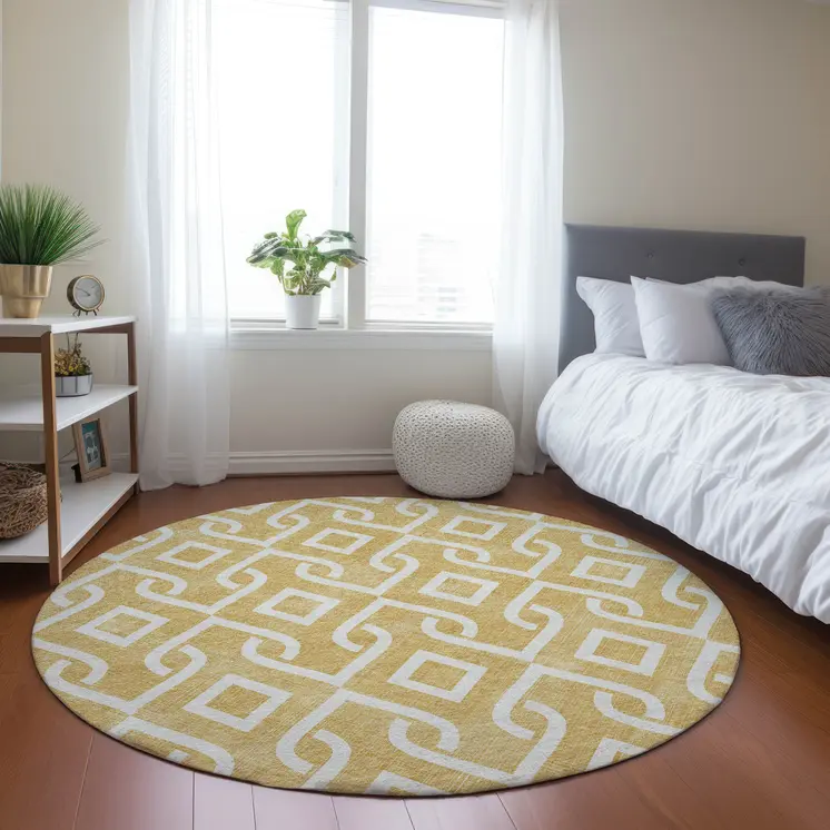 8' Gold And Ivory Round Geometric Washable Indoor Outdoor Area Rug