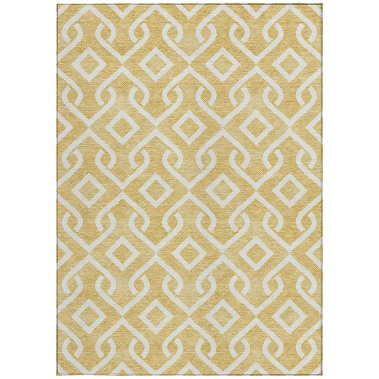10' X 14' Gold And Ivory Geometric Washable Indoor Outdoor Area Rug