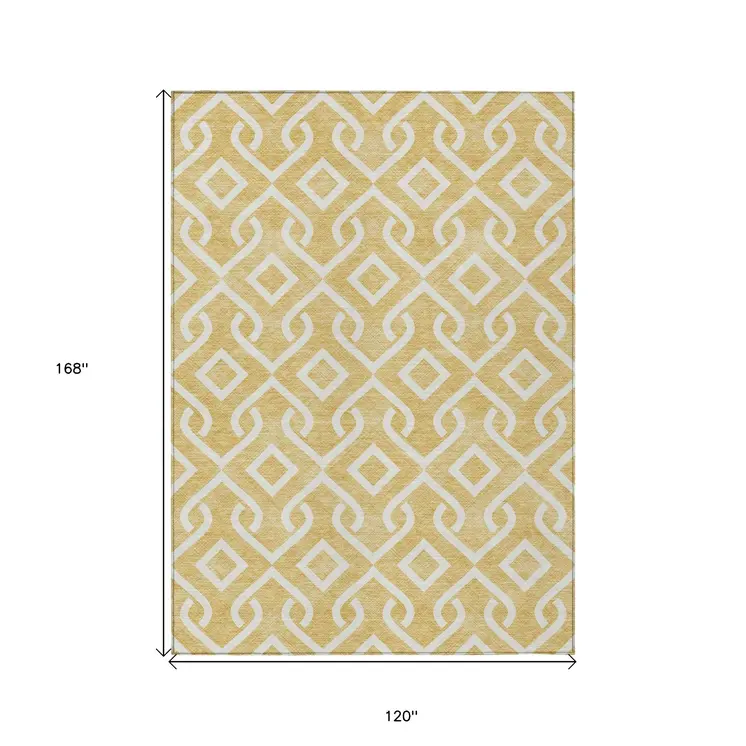 10' X 14' Gold And Ivory Geometric Washable Indoor Outdoor Area Rug