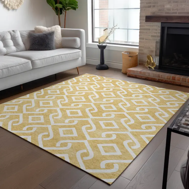 10' X 14' Gold And Ivory Geometric Washable Indoor Outdoor Area Rug