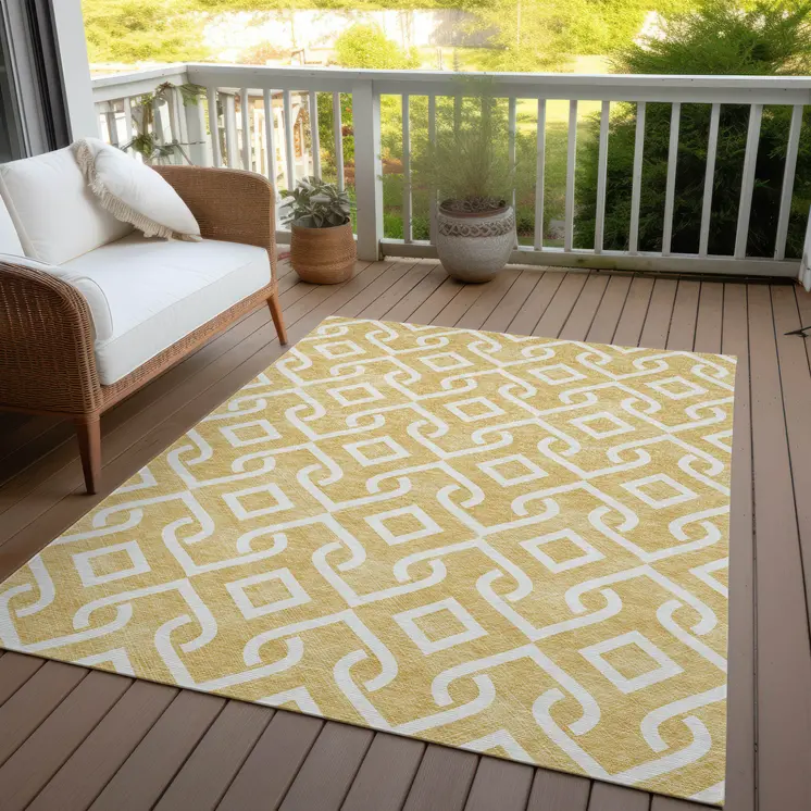10' X 14' Gold And Ivory Geometric Washable Indoor Outdoor Area Rug