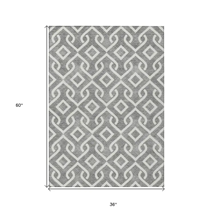 3' X 5' Gray And Ivory Geometric Washable Indoor Outdoor Area Rug