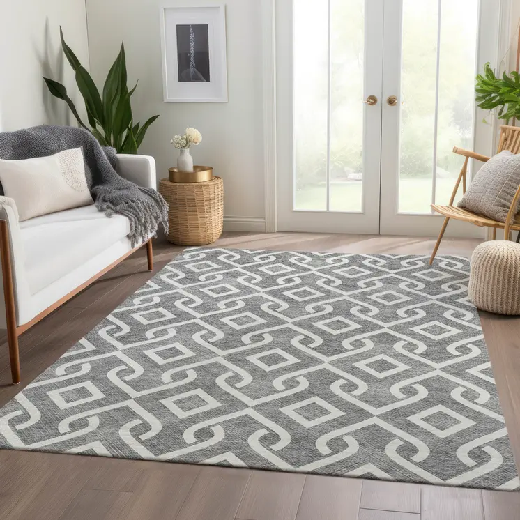 3' X 5' Gray And Ivory Geometric Washable Indoor Outdoor Area Rug