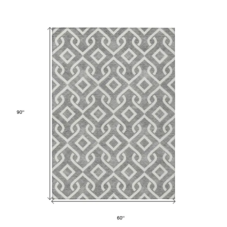 5' X 8' Gray And Ivory Geometric Washable Indoor Outdoor Area Rug