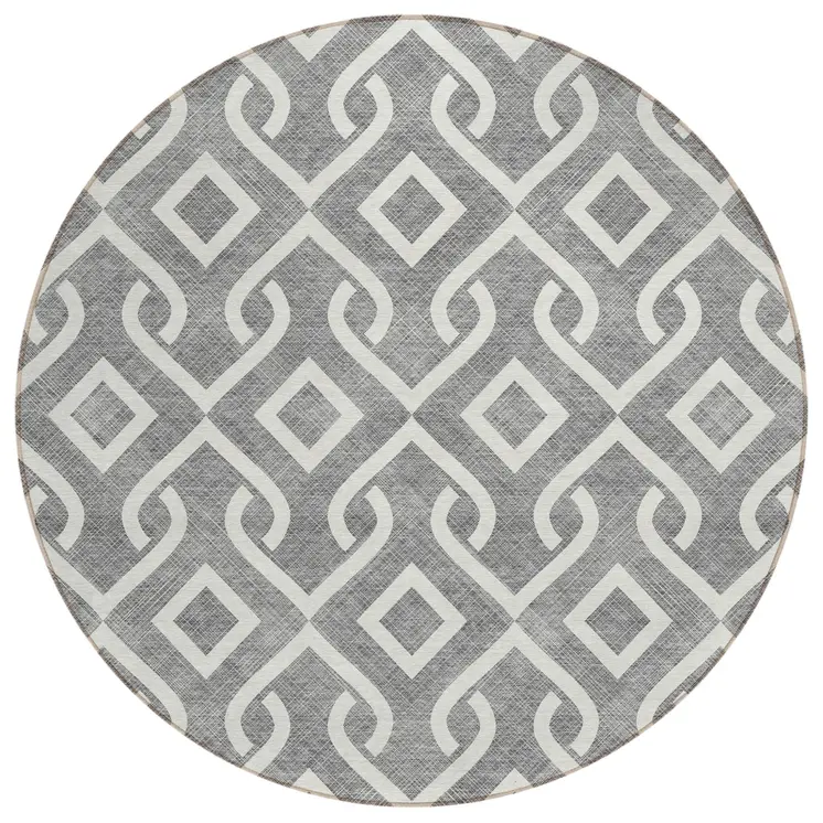 8' Gray And Ivory Round Geometric Washable Indoor Outdoor Area Rug
