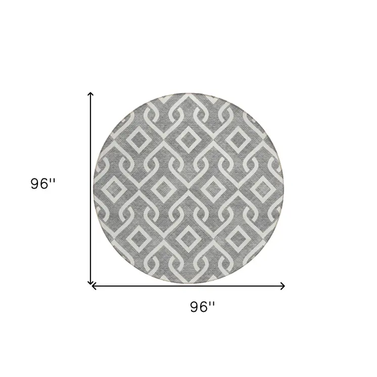 8' Gray And Ivory Round Geometric Washable Indoor Outdoor Area Rug