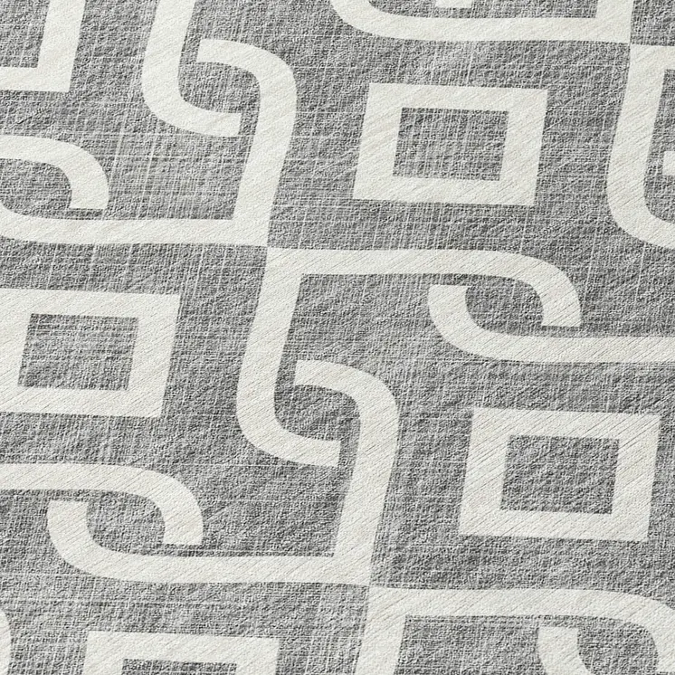 8' Gray And Ivory Round Geometric Washable Indoor Outdoor Area Rug