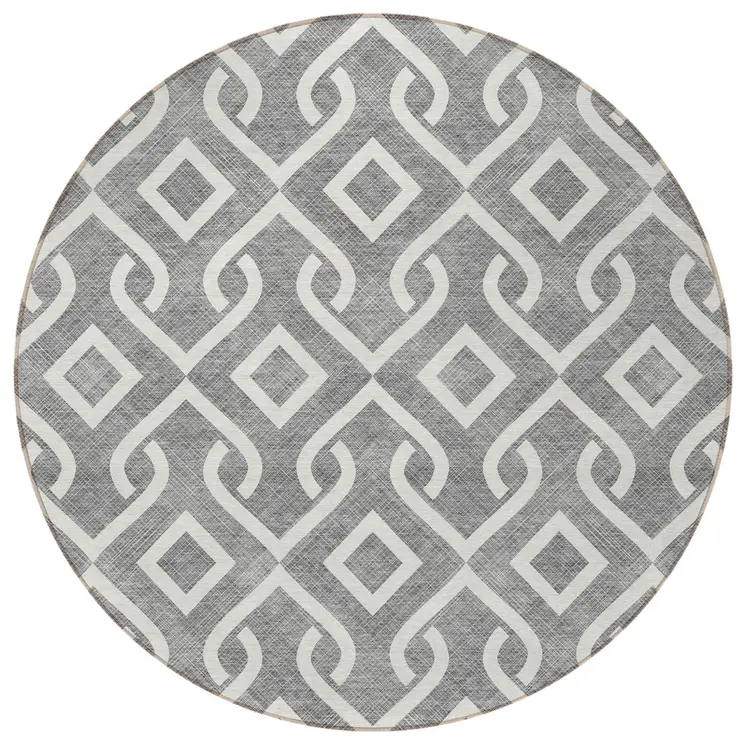 8' Gray And Ivory Round Geometric Washable Indoor Outdoor Area Rug