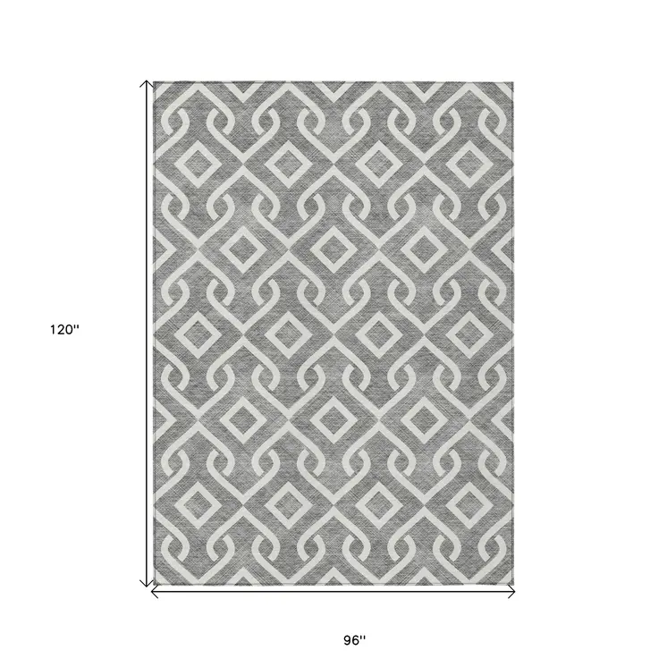 8' X 10' Gray And Ivory Geometric Washable Indoor Outdoor Area Rug