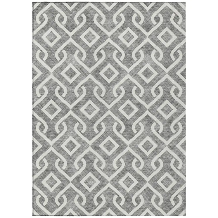 10' X 14' Gray And Ivory Geometric Washable Indoor Outdoor Area Rug