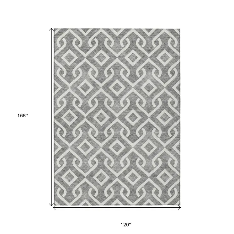 10' X 14' Gray And Ivory Geometric Washable Indoor Outdoor Area Rug