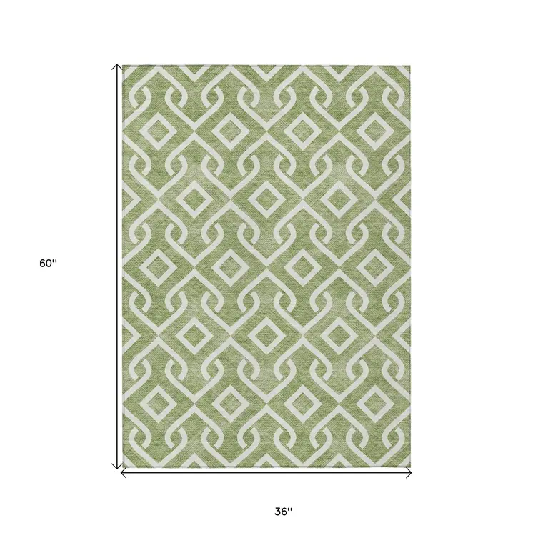 3' X 5' Green And Ivory Geometric Washable Indoor Outdoor Area Rug