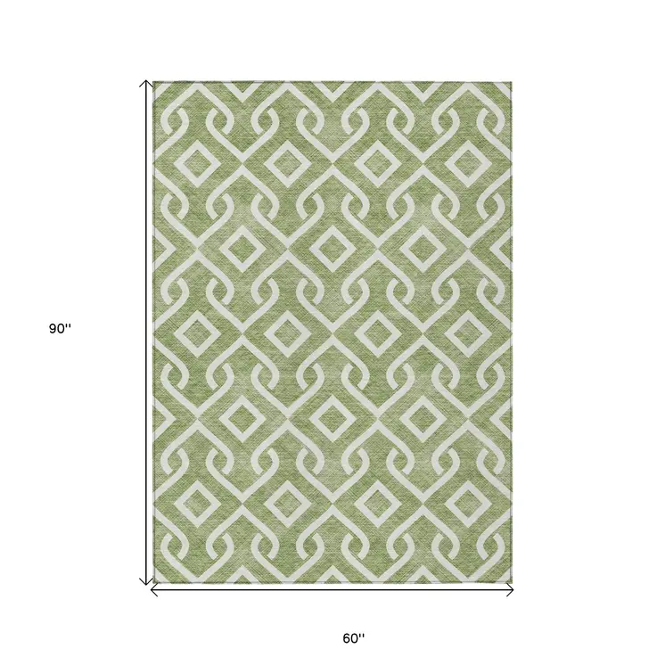 5' X 8' Green And Ivory Geometric Washable Indoor Outdoor Area Rug