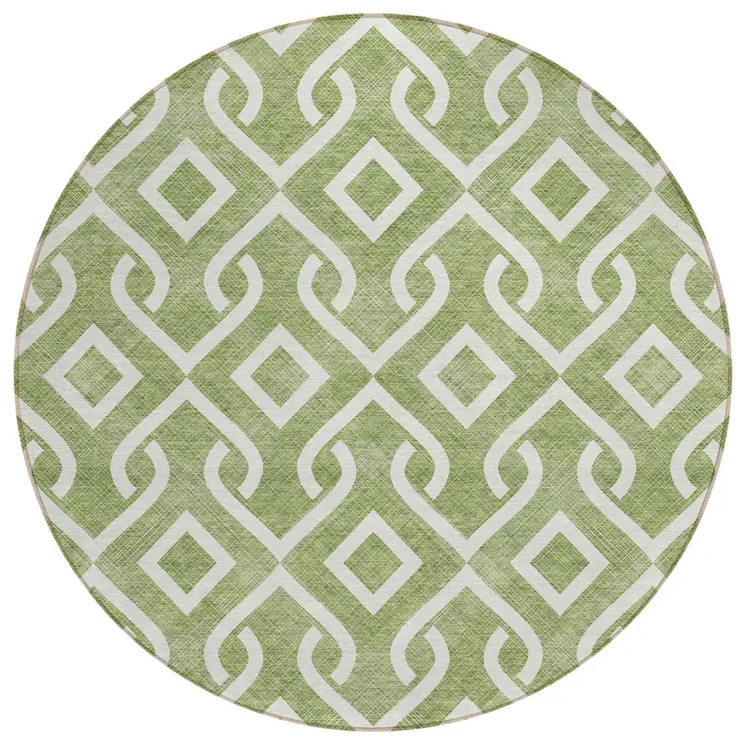 8' Green And Ivory Round Geometric Washable Indoor Outdoor Area Rug