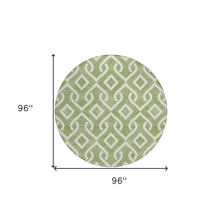 8' Green And Ivory Round Geometric Washable Indoor Outdoor Area Rug