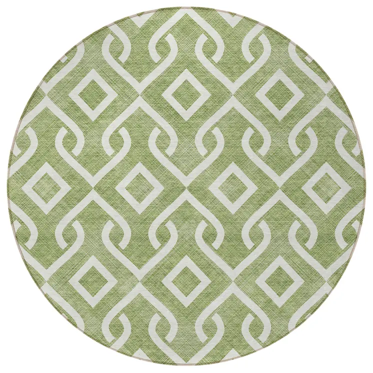 8' Green And Ivory Round Geometric Washable Indoor Outdoor Area Rug
