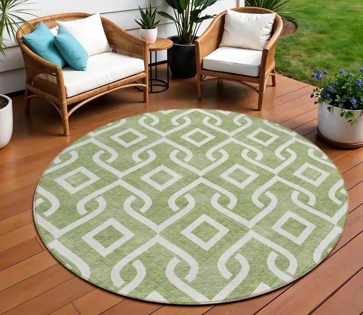 8' Green And Ivory Round Geometric Washable Indoor Outdoor Area Rug