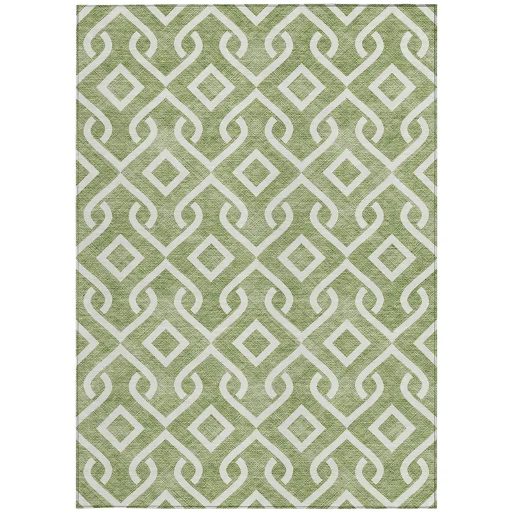 9' X 12' Green And Ivory Geometric Washable Indoor Outdoor Area Rug