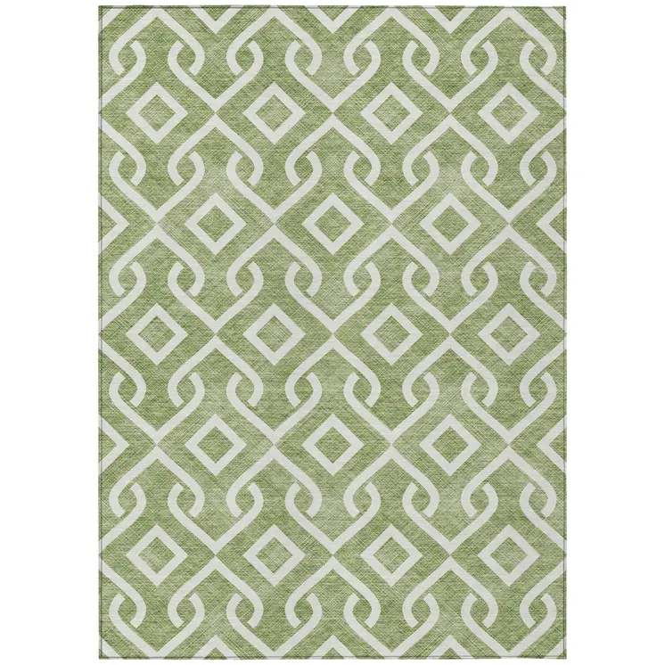 9' X 12' Green And Ivory Geometric Washable Indoor Outdoor Area Rug
