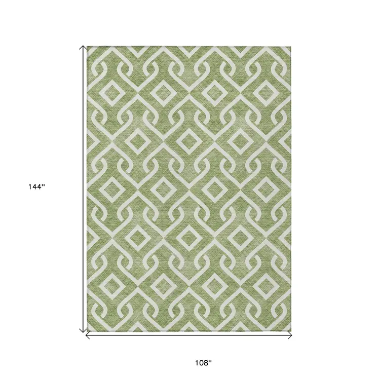 9' X 12' Green And Ivory Geometric Washable Indoor Outdoor Area Rug
