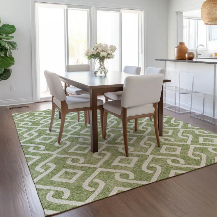 9' X 12' Green And Ivory Geometric Washable Indoor Outdoor Area Rug