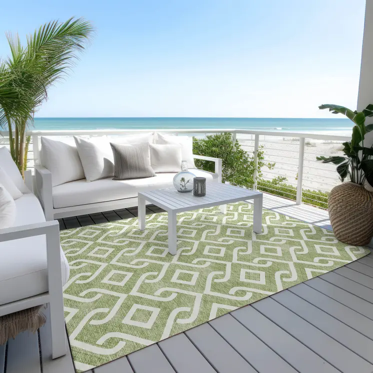 9' X 12' Green And Ivory Geometric Washable Indoor Outdoor Area Rug