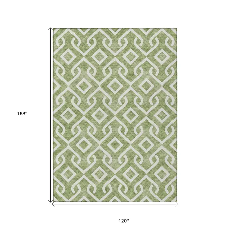 10' X 14' Green And Ivory Geometric Washable Indoor Outdoor Area Rug