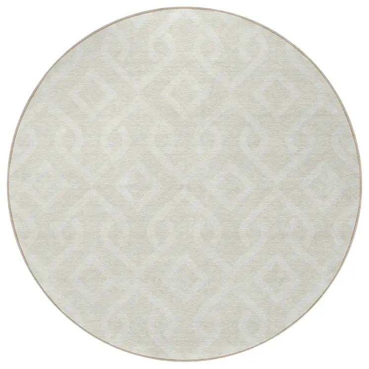8' Ivory And Light Gray Round Geometric Washable Indoor Outdoor Area Rug
