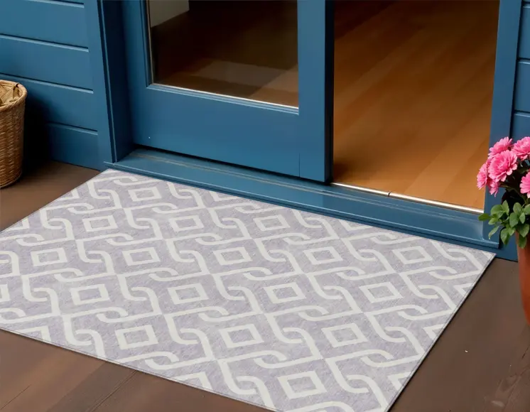 3' X 5' Lavender And Ivory Geometric Washable Indoor Outdoor Area Rug