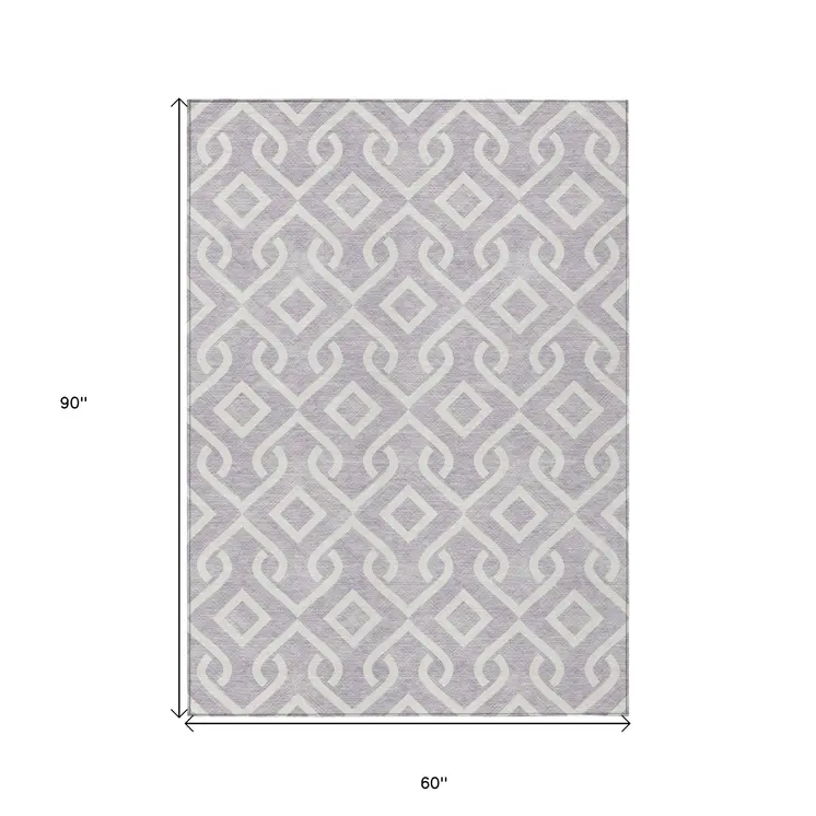 5' X 8' Lavender And Ivory Geometric Washable Indoor Outdoor Area Rug