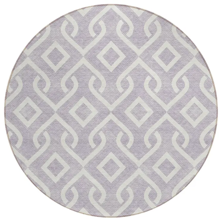 8' Lavender And Ivory Round Geometric Washable Indoor Outdoor Area Rug