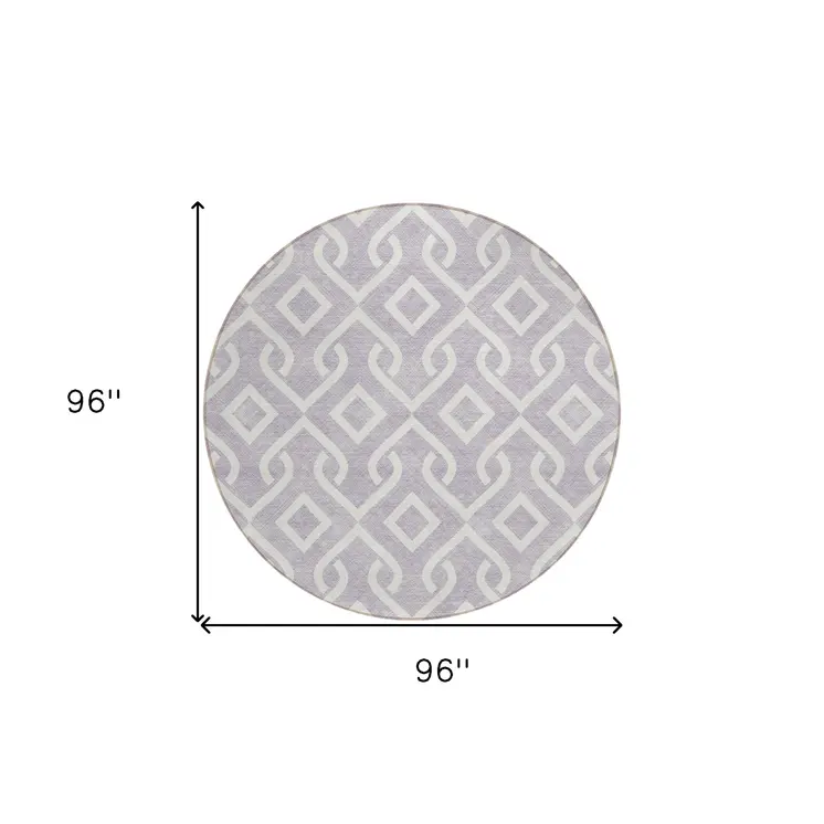 8' Lavender And Ivory Round Geometric Washable Indoor Outdoor Area Rug