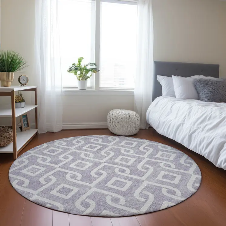 8' Lavender And Ivory Round Geometric Washable Indoor Outdoor Area Rug