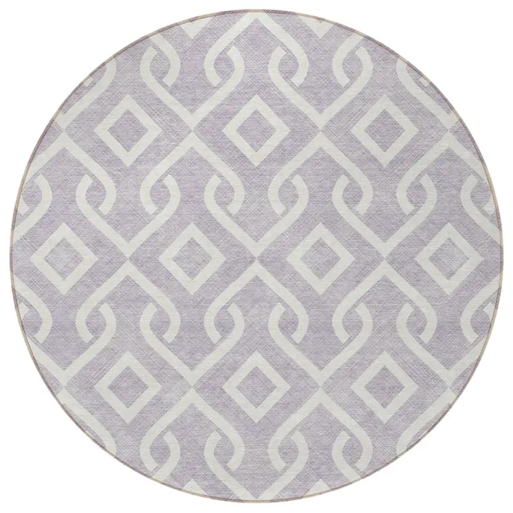 8' Lavender And Ivory Round Geometric Washable Indoor Outdoor Area Rug