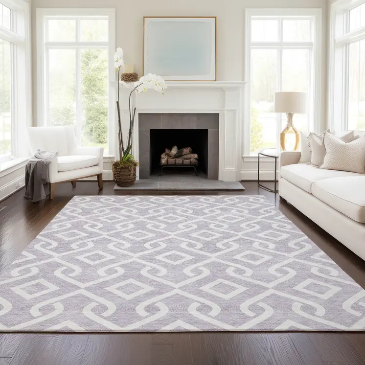 9' X 12' Lavender And Ivory Geometric Washable Indoor Outdoor Area Rug