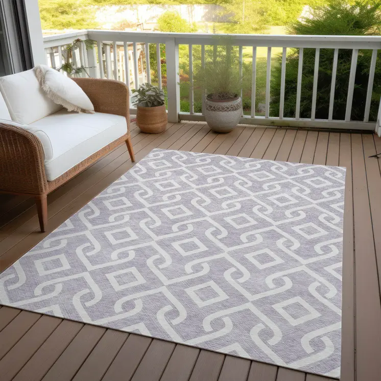 9' X 12' Lavender And Ivory Geometric Washable Indoor Outdoor Area Rug