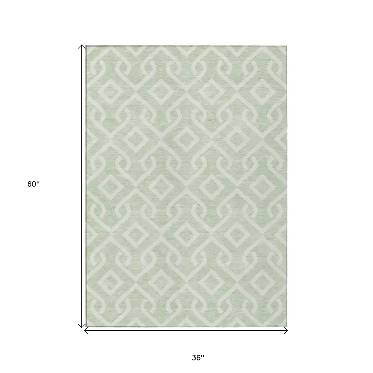 3' X 5' Mint Green And Ivory Geometric Washable Indoor Outdoor Area Rug